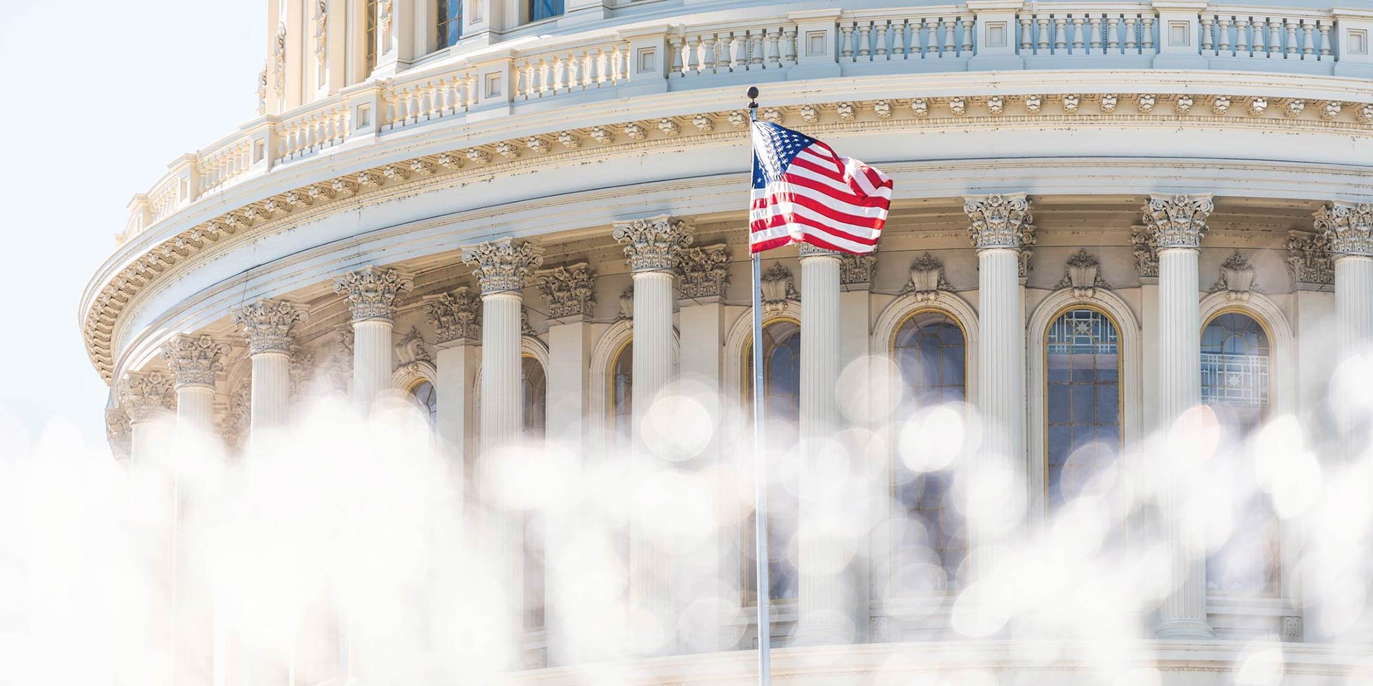 Image of the United States Capitol Building in Washington D.C. with an American Flag in front of it.